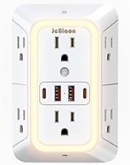Wall Outlet Extender with Night Light, Power Plug Adapter 6 Outlet Extender with 4 USB Charging Ports 1050J Power Strip Multi Plug Adapter Spaced for Home Travel Office (2U2C)