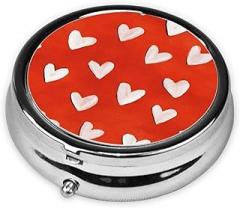 White Hearts On Red Round Pill Case, Portable Pill Box for Pocket Metal Medicine Vitamin Organizer 3 Compartment Three Times A Day
