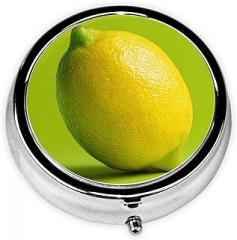 Single Fresh Ripe Whole Lemon Round Pill Case, Portable Pill Box for Pocket Metal Medicine Vitamin Organizer 3 Compartment Three Times A Day