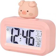 Haofy Electronic Alarm Clock with LED Screen, Calendar, Temperature Display, Cute Cartoon Design for Kids Room (Piggy)