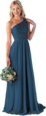 PRECISCRY Women's One Shoulder Bridesmaid Dresses Chiffon A Line Lace Bodice Long Formal Prom Dress with Slit Pockets Peacock
