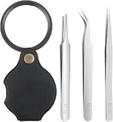 3Pcs Extra Fine, Angled, Blunt Tips Tweezer Precision Tweezers with Magnifying Glass Stainless Steel Anti-Static Tweezer for Electronics, Laboratory Work, Hobby