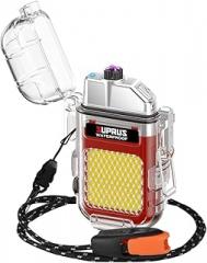 SUPRUS Waterproof 3 Modes of Flashlight Windproof Lighter Dual Arc Electric Rechargeable Dual Arc Plasma Lighter with Survival Emergency Whistle and Lanyard (Red)