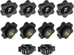 10-Pack 6 Star Knobs, M6 Female Thread 25mm Hexagon Head Through Hole Clamping Grip Handles for Machinery/Electronic/Woodworking, Brass Screw-On Threaded Knob [Black]