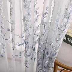 HooHero Blue Modern Simple Flat Embroidery Small Leaf White Yarn 52 Width Sheer Curtains Home Decoration Voile Gauze Panel Rod Pocket Top for Living Room Bedroom