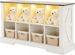 8 Cube Bookcase, Wooden Cube Storage Organizer Shelf, White Horizontal Book Shelf with LED Lights, Freestanding Display Cabinet for Living Room, Bedroom, Home Office