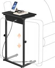 HOOBRO C-Shaped End Table with Charging Station, Adjustable Height Sofa Tray Arm Table, Slide Under Couch Table, Small C Side Table for Small Space in Living Room, Bedroom, Black BB71USF01