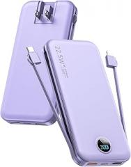 Portable Charger, 12000mAh 22.5W USB C Fast Charging Power Bank with Built-in Cables and AC Wall Plug, Smart LED Display Travel Essentials Battery Pack Compatible with iPhone, iPad, Samsung etc Purple