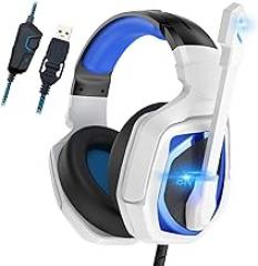 Anivia MH901 USB Gaming Headset for PC/MAC/PS4/PS5, 7.1 Surround Sound Wired Headphone with Adjustable Active Noise Cancelling Mic, White & Blue LED Light