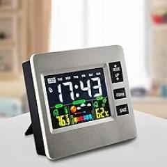 Digital Alarm Clock with LCD Weather Display, Temperature & Humidity Screen, Small Alarm, Electronic Time Management Reminder, Silver