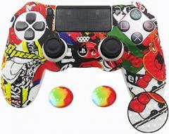 PS4 Controller Camouflage Skin with 2 Thumb Grips, Anti-Slip Silicone Grip Cover Protector Case Compatible with Sony Playstation PS4 Slim/PRO 4 DualShock Controller (Sticker Bomb)