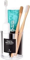 Acrylic Toothbush Hoder with Divider for Bathroom Decor, Thick Clear Plastic Electronic Toothbrush and Toothpaste Organizer Stand for Vanity Countertops, Bathroom Essentials Accessories, Black