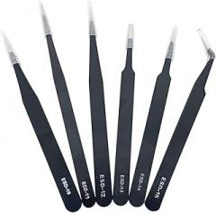 6pcs Precision Tweezers Set with Storage Bag, Anti-Static Stainless Steel ESD Tweezers Set Kit for Electronics, Sodlering, Jewelry, Craft, Laboratory Work, DIY, Maintenance