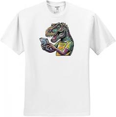 3dRose Funny Cool T-rex Dinosaur Reading with Electronic Reader Book Graffiti, T-Shirt