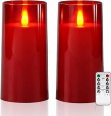 Raycare Flameless Electronic Pillar Candles with Remote Control and Timer- Battery Operated Realistic Flickering LED Fake Candle for Home, Wedding, Valentine's Day Decor, Red,Set of 2(3