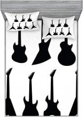 Ambesonne Rock Music Fitted Sheet & Pillow Sham Set, Various Guitar Silhouettes Acoustic Electronic Bass Abstract String Instruments, Decorative Printed 3 Piece Bedding Decor Set, King, Black