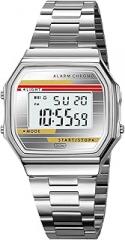 BESTKANG Retro Digital Watch Stainless Steel Band Alarm Chrono LED Light 30M Waterproof Vintage Electronic Wristwatch for Men Women