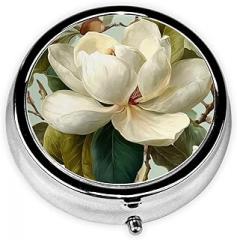 Large White Magnolia Flowers Round Pill Case, Portable Pill Box for Pocket Metal Medicine Vitamin Organizer 3 Compartment Three Times A Day