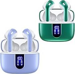 TAGRY 2 Sets X08 Purple and Forest Green Bluetooth Headphones True Wireless Earbuds 60H Playback Ear Buds with Wireless Charging Case in-Ear Earbuds with Mic