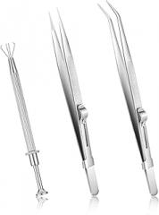 Bewudy 3Pcs Piercing Ball Grabber Tool Set, Diamond Tweezers Jewelers Holder Pick up Tool, Precision Stainless Steel Jewelry Locking Tweezers For Tiny Objects IC Chip Electronic Components