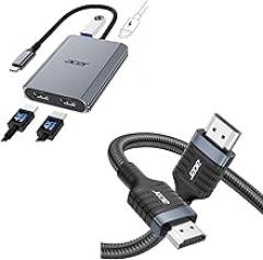 Acer USB C to Dual HDMI Adapter Bunlbe with acer 8K HDMI 2.1 Cable (8K@60Hz 6.6FT)