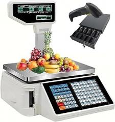 Commercial Digital Price Computing Scale, Thermal Printer Double-Sided Display Label, Electronics Printing Scale Barcode Cash Register for Supermarket Conv