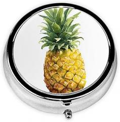 Watercolor Simple Pineapple Round Pill Case, Portable Pill Box for Pocket Metal Medicine Vitamin Organizer 3 Compartment Three Times A Day