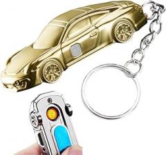Electric Lighter, Mute USB Rechargeable Lighter with Keychain, Protable Windproof Flameless Thickened Tungsten Wire Ignition Plasma Electronic Lighter with Charging Cable for Outdoor Indoor (Gold)