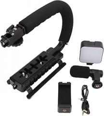 Handheld Camera Stabilizer Bracket,Portable U Shape Video Holder with LED Fill Light and Microphone for Interview Photography Portable DV Bracket Studio Kit Cold Shoe Tripod Head All Cameras Home