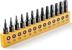 Torx Star Punch & Security Bit Set 13PCS 1-Inch, S2 Steel Tamper Proof Bits with Hole (T4, TT5-TT40) for Electronics, Auto & Impact Driver, 1/4