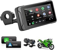 Portable Motorcycle CarPlay Motorcycle with Apple CarPlay and Android Auto, 5-inch Touchscreen, Dual AHD Cameras, Siri and Google Assistant, Loop Recording/BSD/Dual Bluetooth/GPS.
