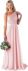 PRECISCRY Women's Lace Bodice Chiffon One Shoulder Bridesmaid Dresses Long Evening Dress Formal Wedding Party Dress Blush Pink