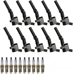 20-Piece Ignition Service Kit: 10 Ignition Coils + 10 Spark Plugs For V8/V10 Gasoline Engines, Electronic Coil Design, Plug-In Connector, Blade Terminals, Bolt-On Mount, Rectangular Connector