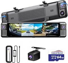 D80 4-Channel 4K Rear View Mirror Camera with ADAS and BSD,11” Touchscreen, Front and Rear and Left and Right Camera for Car，Super Night Vision, 24H Parking Monitoring Hardware kit,Free 64GB Card