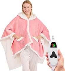 Wearable Heated Throw Blanket Electric Shawl - Heated Robe Poncho Blanket Hoodie for Adult, Winter Gifts for Mom Women Girlfriend Teens 5-Position Timer 10-Heating Levels,Pale Pink