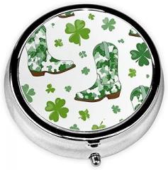Cute Cowgirl Boots Green White Cowhide Pattern Round Pill Case, Portable Pill Box for Pocket Metal Medicine Vitamin Organizer 3 Compartment Three Times A Day
