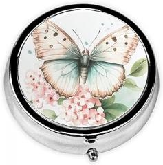 Butterfly Watercolor Pastel Cottagecore Aesthetic Round Pill Case, Portable Pill Box for Pocket Metal Medicine Vitamin Organizer 3 Compartment Three Times A Day