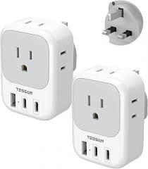 US to UK Plug Adapter 2 Pack, TESSAN Type G Adapter for Travel with 4 Outlets 3 USB (2 USB-C), Power Adaptor for US to UK Ireland London Scotland Kenya Dubai Singapore Hong Kong