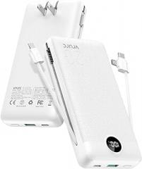 VRURC Power Bank 20000mAh, Fast Charging Portable Charger USB C,4 Output 2 Input Travel Essentials Charging Bank Equipped with LED Display,Built-in Wall Plug and Cables,Phone Charger Battery,White