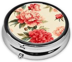 Pink Peonies On Cream Round Pill Case, Portable Pill Box for Pocket Metal Medicine Vitamin Organizer 3 Compartment Three Times A Day