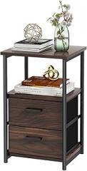 COSTWAY Nightstand with 2 Fabric Drawers, 3-Tier Bedside Sofa Side Table with Open Shelf, Metal Frame, Industrial End Table for Bedroom, Living Room, Dormitory, Walnut