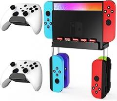 Wall Mount for Nintendo Switch and Switch OLED with 2 Controller Wall Holders, Switch Wall Mount Kit Stand with 5 Game Card Holders and 4 Joy Con Shelfs, Safely Store Console Near or Behind TV, Black