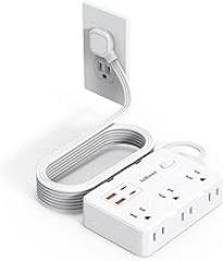 Flat Plug Power Strip Surge Protector, 5ft Ultra Thin Extension Cord with 4 USB Wall Charger(2 USB C Port), 6 Widely-Spaced Outlets Power Strip Compact for Travel, Office, Dorm Room Essentials (White)