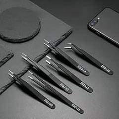 6Pcs Precision Tweezers Set, Anti-Static Stainless Steel, Non-Magnetic Curved Tips, Electronics/Jewelry/Craft Tool Kit