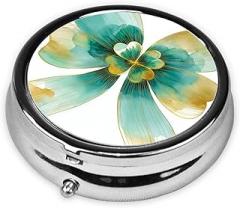 Gold Bow with A Green 4-Leaf Clover Round Pill Case, Portable Pill Box for Pocket Metal Medicine Vitamin Organizer 3 Compartment Three Times A Day