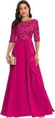 PRECISCRY Lace Appliques Long Mother of The Bride Dress 3/4 Sleeves Chiffon Formal Wedding Party Prom Gowns for Women Fuchsia