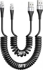 iPhone Charger Cable for Car (3FT/5FT), 2Pack Coiled Lightning Cable, [Apple MFi Certified] Retractable Charging Cord Compatible with iPhone 14/13/12/11 Pro Max/XS MAX/XR/XS/8/iPad/iPod/CarPlay