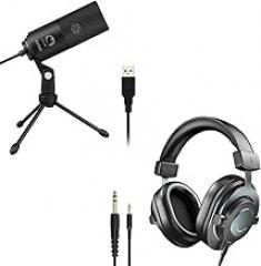 FIFINE Recording USB Microphone 3.5mm/6.35mm Headphones, Studio Bundle on MAC OS,Windows, for Podcasting, YouTube, Videos, Metal Condenser Mic adn Over-Ear Wired Monitoring Headphones (K669B+H8)