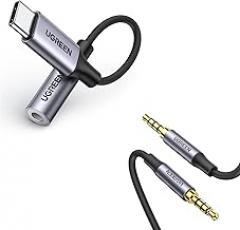 UGREEN USB C to 3.5mm Audio Adapter Type C to Headphone Aux Jack Dongle 24bit/96kHz Bundle with 3.5mm Audio Cable Braided 4-Pole TRRS 3FT