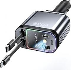 4 in 1 Retractable Car Charger with Starry Light,69W USB-C Fast Car Charger, for iPhone 17/16/15/14/13/12/11, Android,Pixel,Cigarette Lighter Charger (Grey, for Lightning+USB-C)